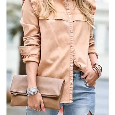 Stylish vintage washed out button down top in camel