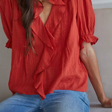 Woven Cotton V-neck short sleeve top with ruffle detail in Tomatoe Red
