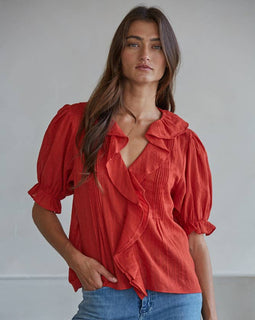 Woven Cotton V-neck short sleeve top with ruffle detail in Tomatoe Red