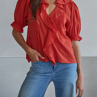 Woven Cotton V-neck short sleeve top with ruffle detail in Tomatoe Red