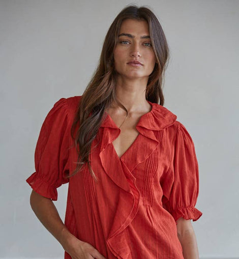 Woven Cotton V-neck short sleeve top with ruffle detail in Tomatoe Red