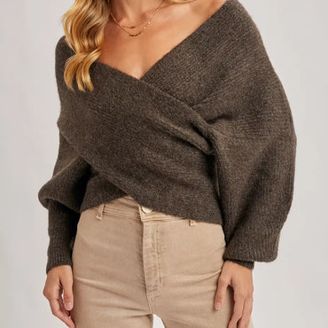 Wrap Crossover Ribbed Fuzzy Knit Sweater Pullover in Ash