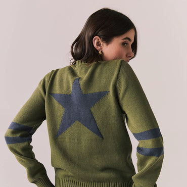 Varsity Star Sweater – Back Star Graphic Knit in Bronze Green
