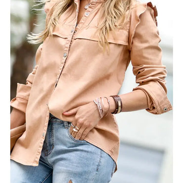 Stylish vintage washed out button down top in camel