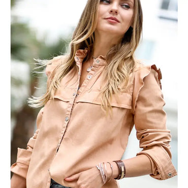 Stylish vintage washed out button down top in camel