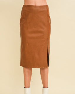 Faux Leather Midi Skirt in Brown