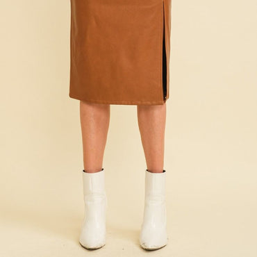 Faux Leather Midi Skirt in Brown