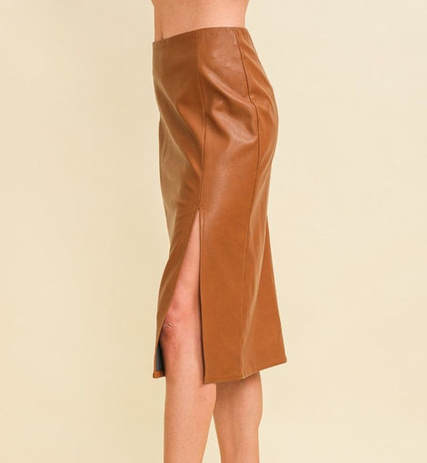 Faux Leather Midi Skirt in Brown