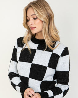 Color Blocked Checkered Crew Neck