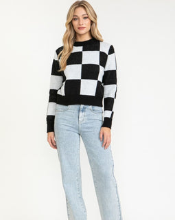 Color Blocked Checkered Crew Neck