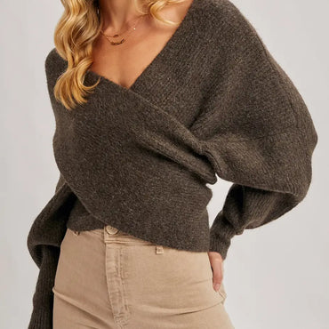 Wrap Crossover Ribbed Fuzzy Knit Sweater Pullover in Ash