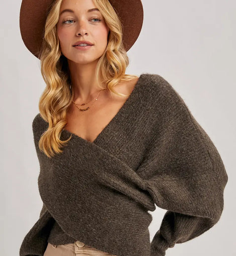 Wrap Crossover Ribbed Fuzzy Knit Sweater Pullover in Ash