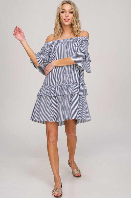 The Kristine off the shoulder striped dress with ruffle sleeve