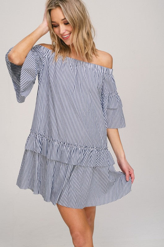 The Kristine off the shoulder striped dress with ruffle sleeve