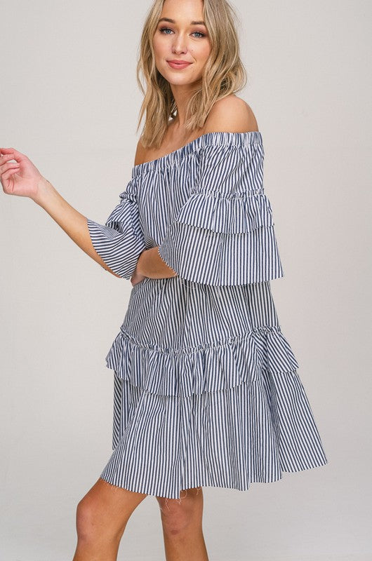 The Kristine off the shoulder striped dress with ruffle sleeve