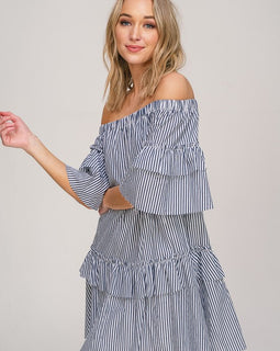 The Kristine off the shoulder striped dress with ruffle sleeve