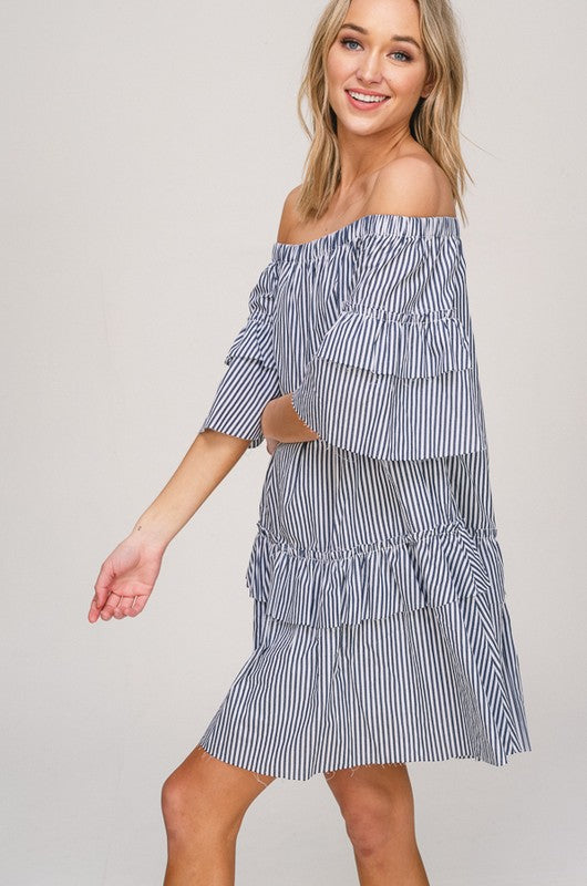 The Kristine off the shoulder striped dress with ruffle sleeve