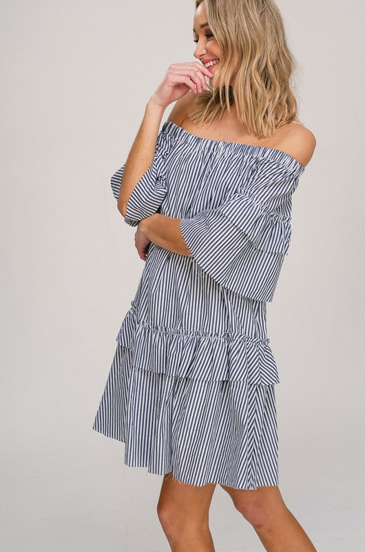 The Kristine off the shoulder striped dress with ruffle sleeve