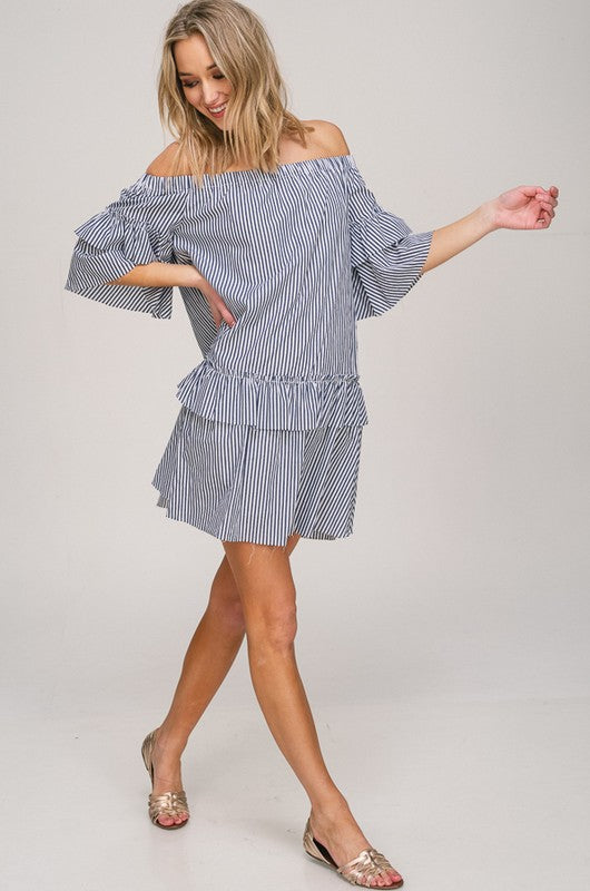 The Kristine off the shoulder striped dress with ruffle sleeve