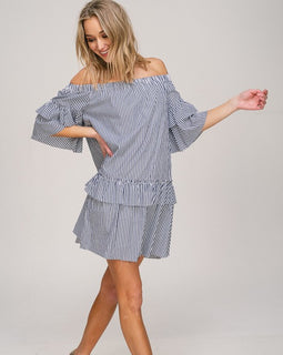 The Kristine off the shoulder striped dress with ruffle sleeve